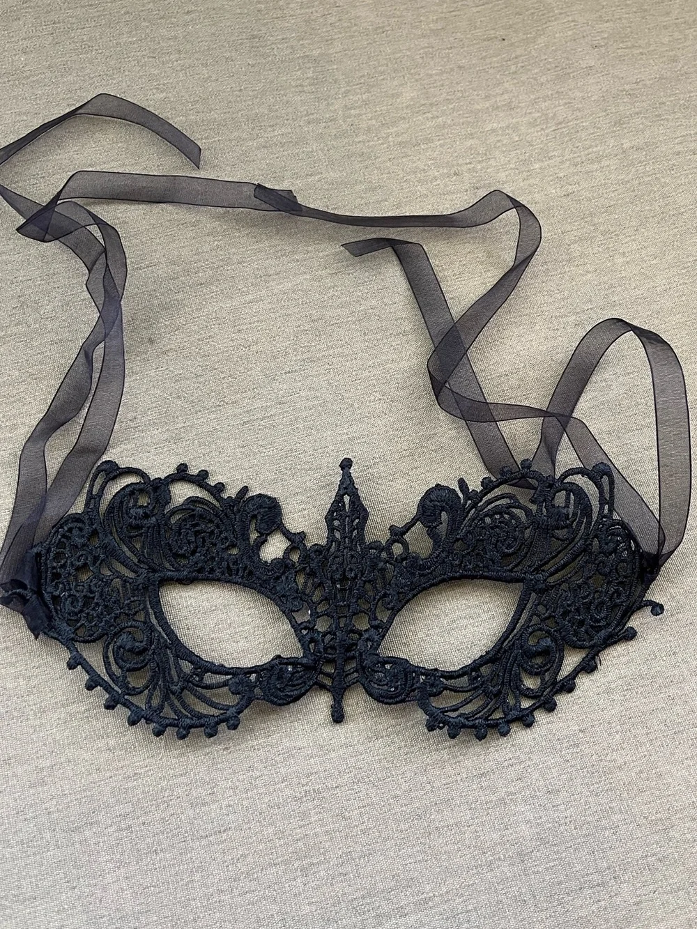 Black Lace Venetian Eye Mask with Sheer Ribbon Ties